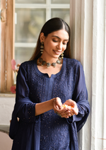 Load image into Gallery viewer, Nagma Premium Chikankari Mukaish Viscose Set Navy Blue Viscose
