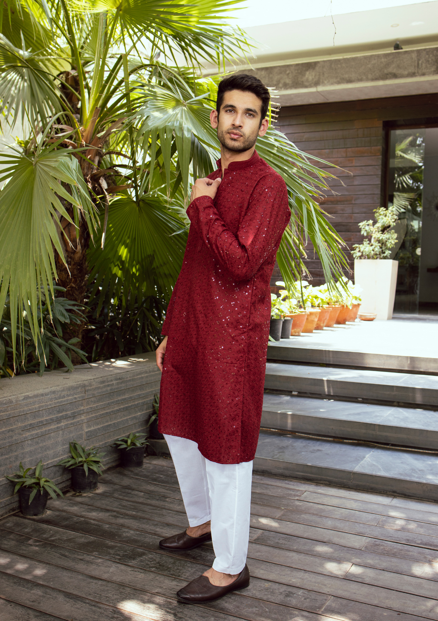 Nawab Mens Hakuba Sequence Chikankari Kurta & Pyjama Set