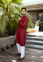 Load image into Gallery viewer, Nawab Mens Hakuba Sequence Chikankari Kurta &amp; Pyjama Set
