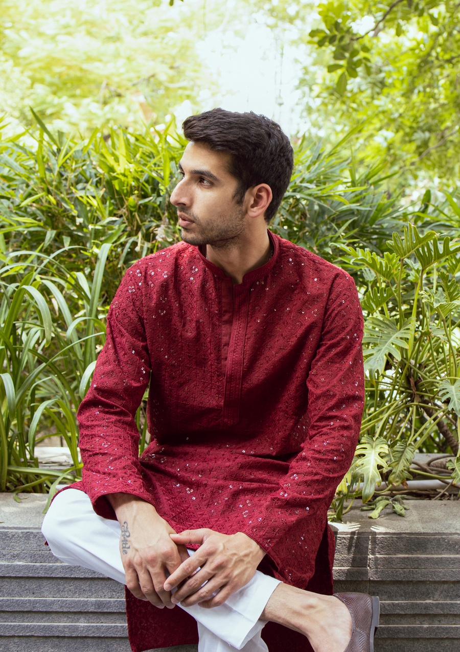 Nawab Mens Hakuba Sequence Chikankari Kurta & Pyjama Set