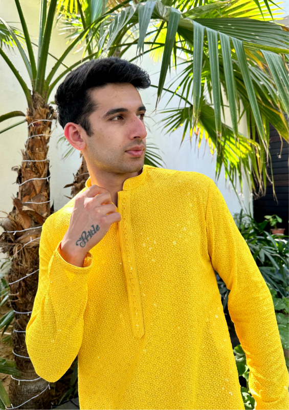 Nawab Mens Hakuba Sequence Chikankari Kurta & Pyjama Set