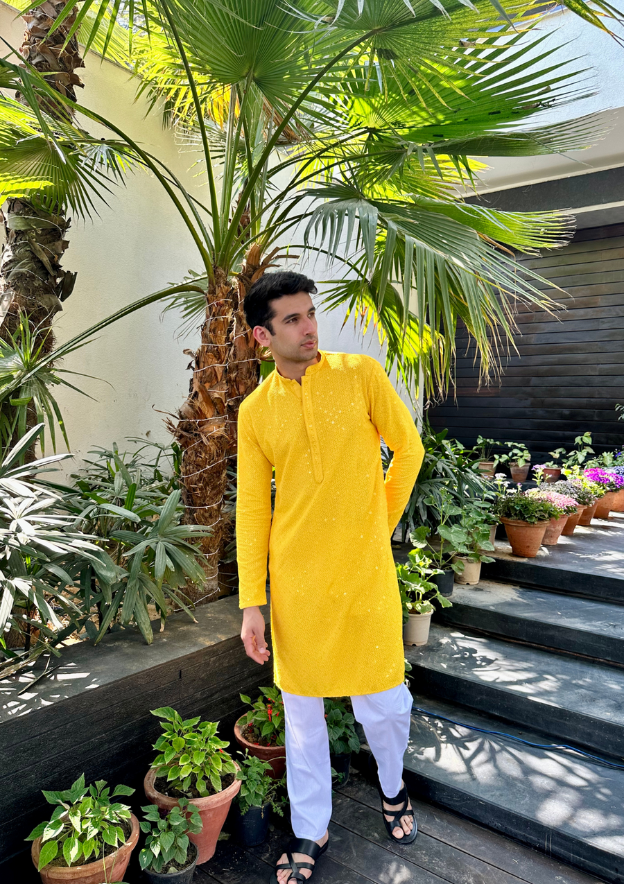 Nawab Mens Hakuba Sequence Chikankari Kurta & Pyjama Set