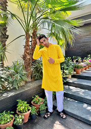 Nawab Mens Hakuba Sequence Chikankari Kurta & Pyjama Set Yellow