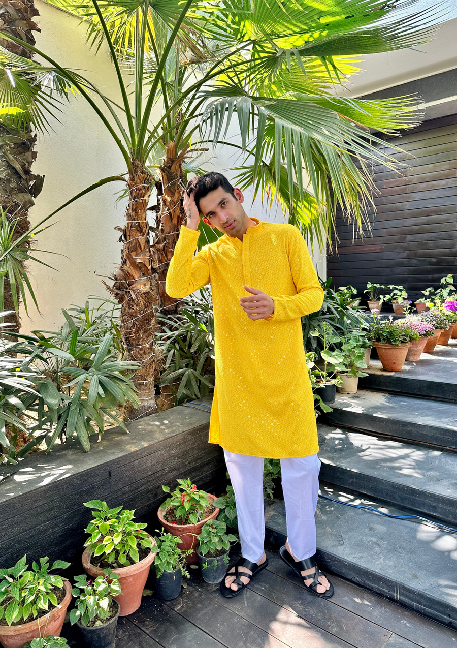 Nawab Mens Hakuba Sequence Chikankari Kurta & Pyjama Set