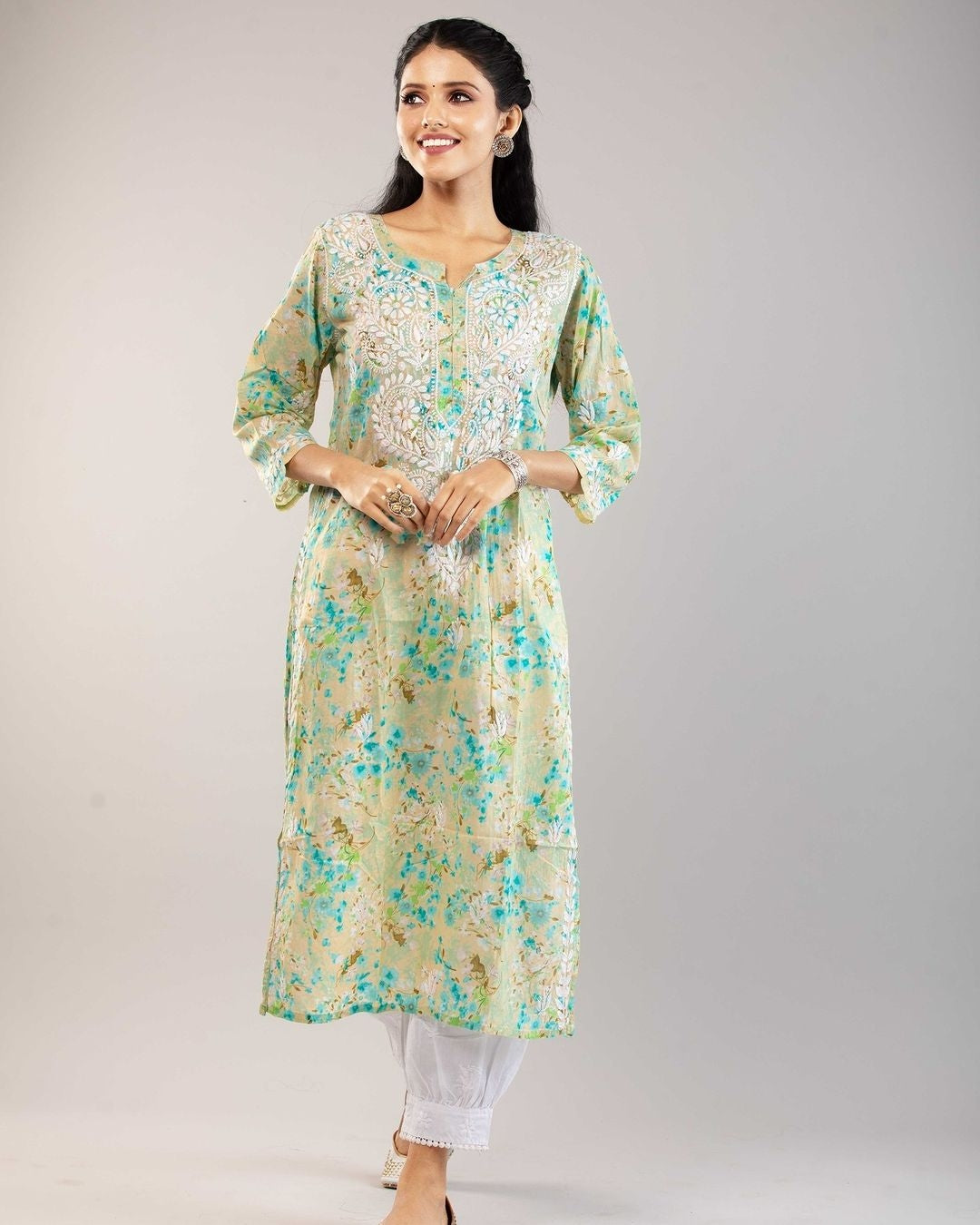 Aadat Mulmul Straight Chikankari Kurti Sea-Green