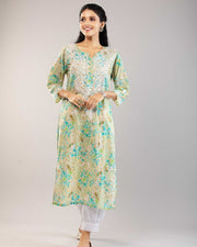 Aadat Mulmul Straight Chikankari Kurti Sea-Green