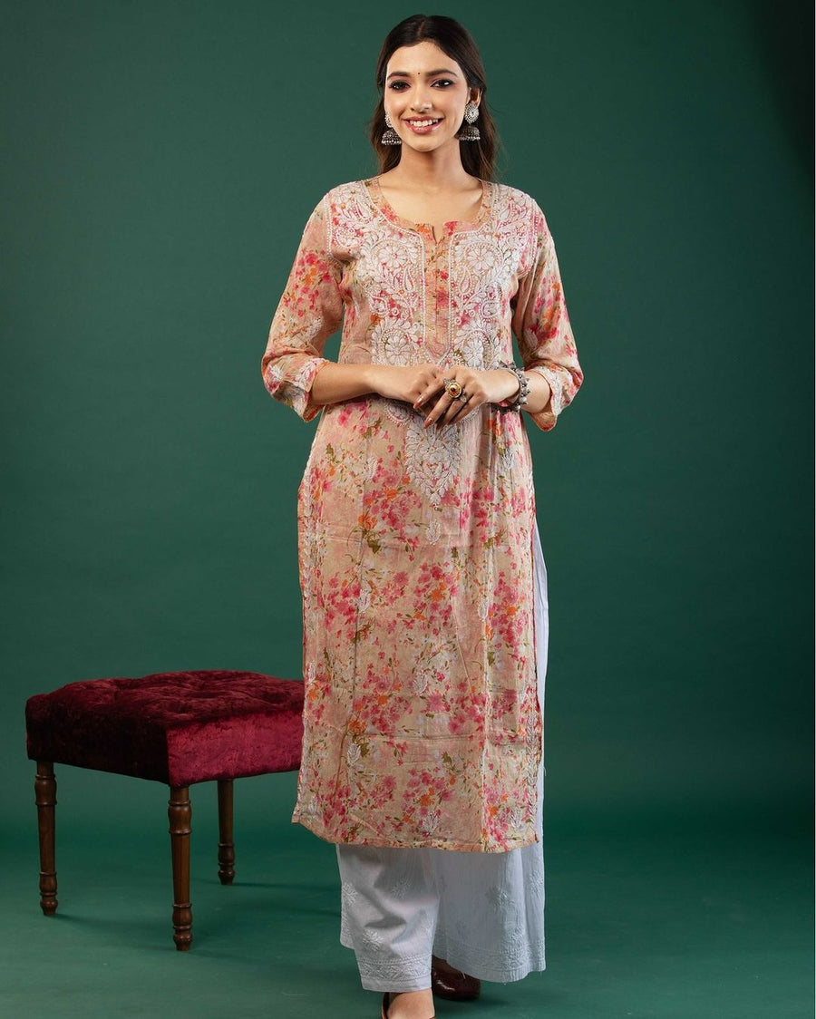 Aadat Mulmul Straight Chikankari Kurti Peach