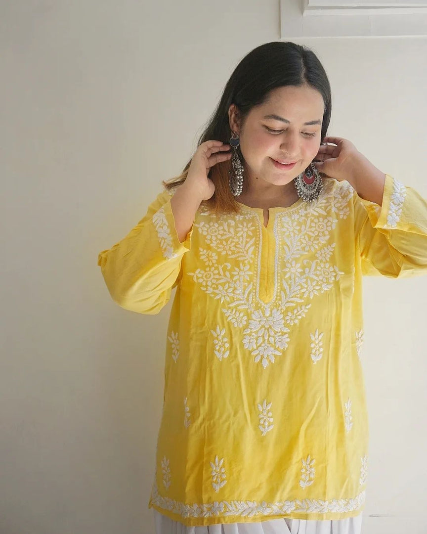 Haniya Premium Chikankari Short Top - The Lucknowi Chikan 