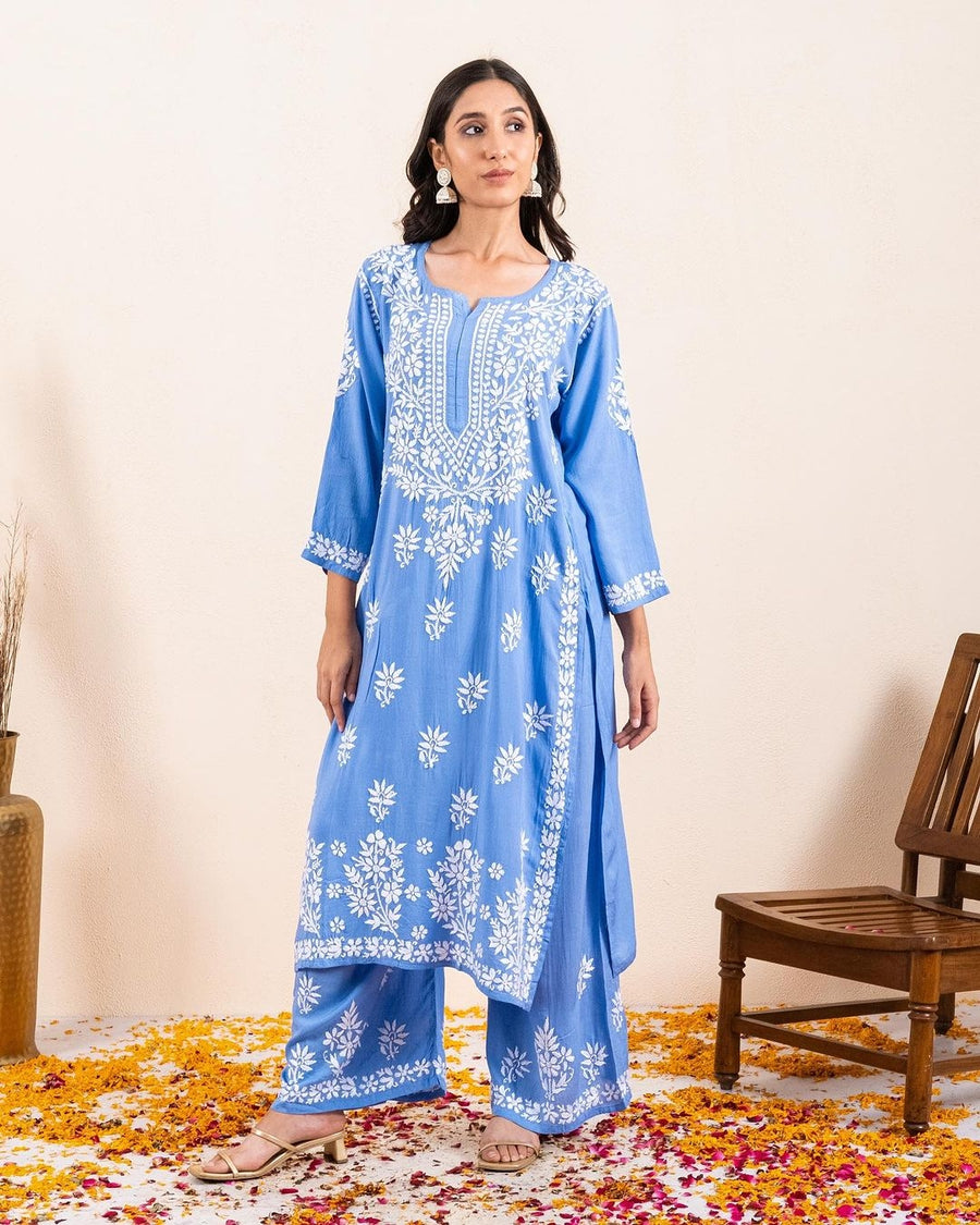 Daniya Premium Chikankari Modal Co-ord Sets Jordy-Blue