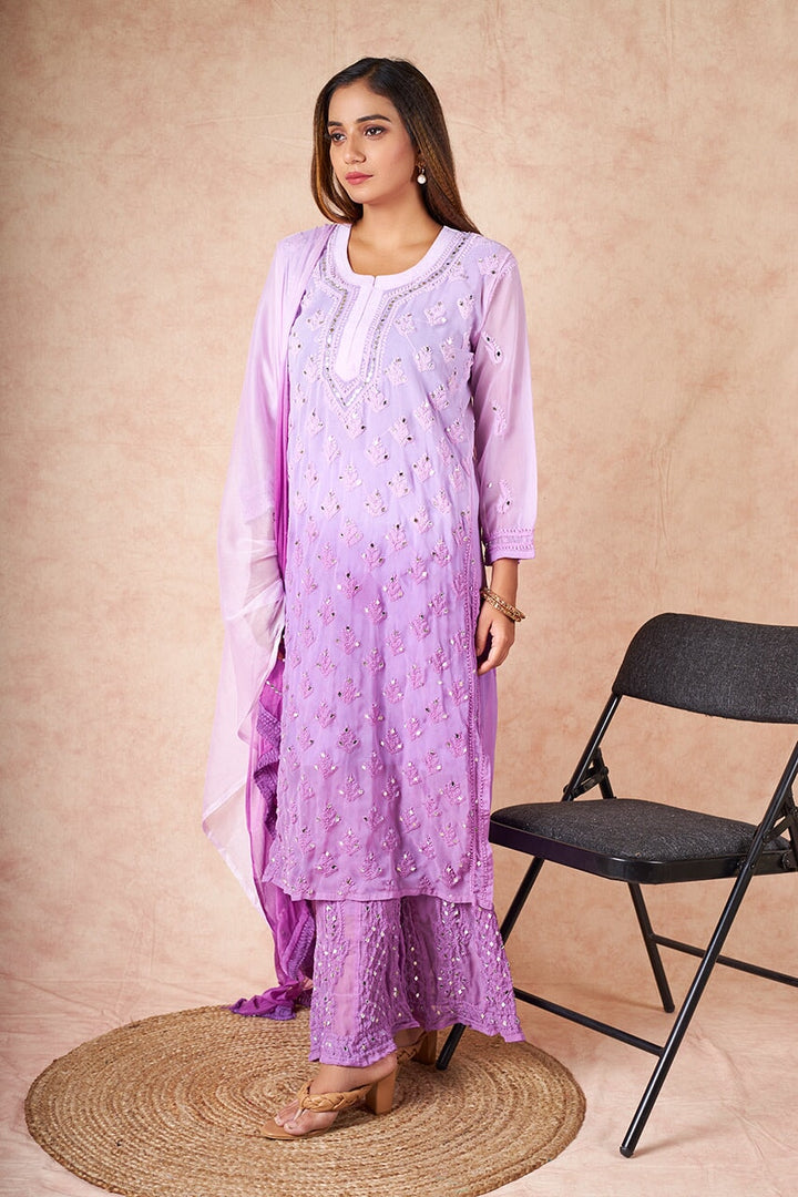 Sitaar Chikankari Mirror Set Lilac Semi Georgette