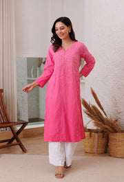 Joohi Ombre Straight Chikankari Kurti Pink