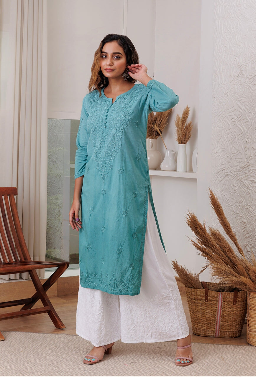 Joohi Ombre Straight Chikankari Kurti Sea-Green