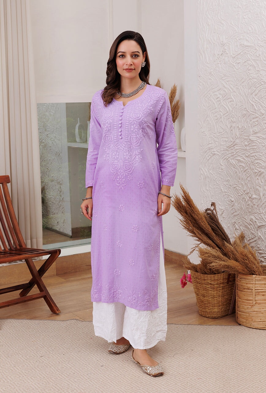 Joohi Ombre Straight Chikankari Kurti Lavender