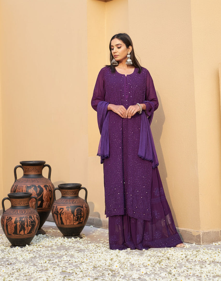 Nagma Premium Chikankari Mukaish Viscose Set Purple Viscose