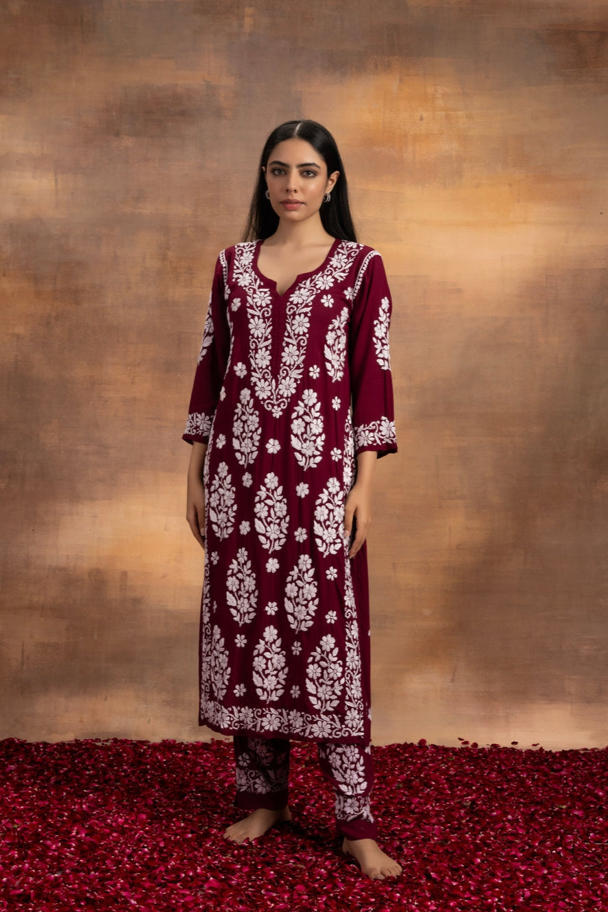 Mohini Modal Chikankari Kurti Set Brown L