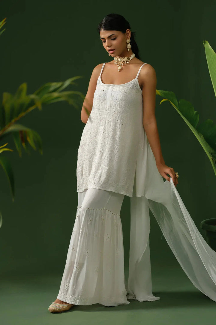 Fiza Designer Mukaish Chikankari Noodle Gharara Set White