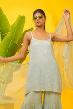 Load image into Gallery viewer, Fiza Designer Mukaish Chikankari Noodle Gharara Set Pastal-Green
