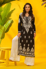 Load image into Gallery viewer, Dhunki Modal Chikankari Straight Kurta Black Cotton
