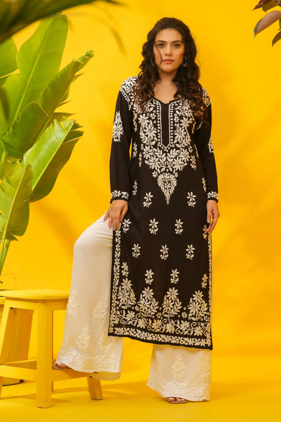 Dhunki Modal Chikankari Straight Kurta Black Cotton