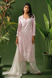 Dhunki Modal Chikankari Straight Kurta Baby Pink Cotton