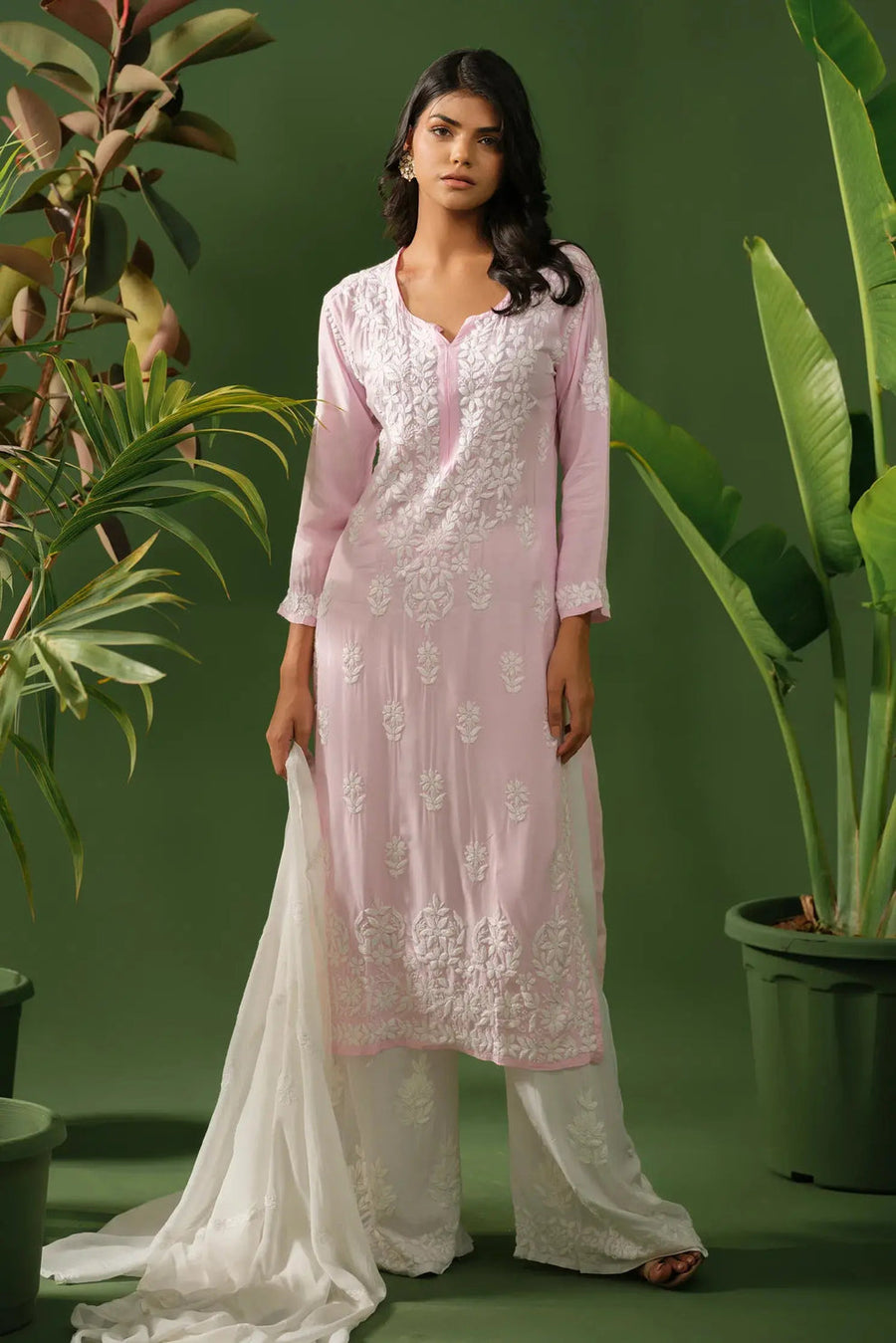 Dhunki Modal Chikankari Straight Kurta Baby Pink Cotton