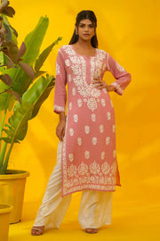 Dhunki Modal Chikankari Straight Kurta Peach Cotton