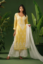 Dhunki Modal Chikankari Straight Kurta Yellow Cotton