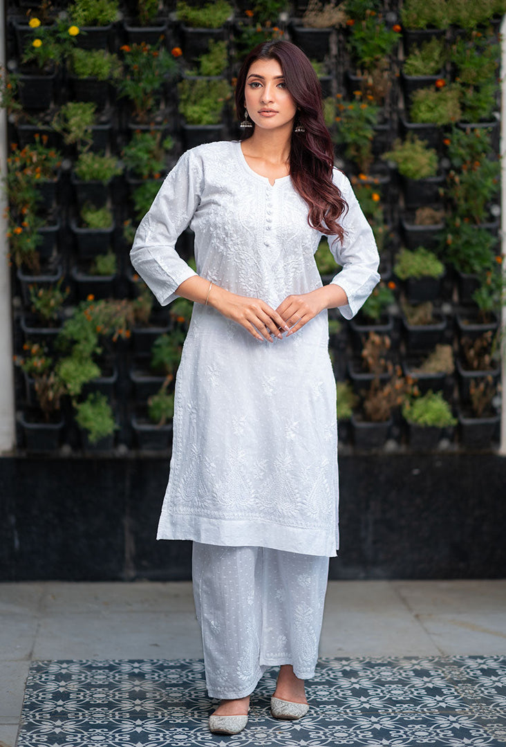 Hayat Chikankari Kurti Set White