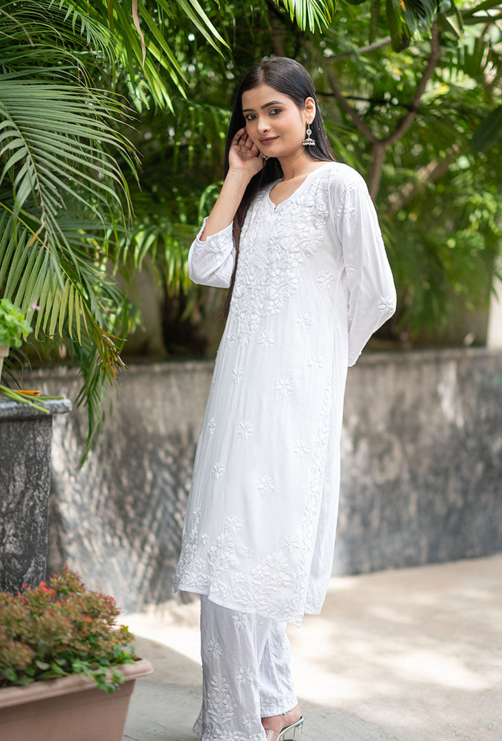 Palak Modal Dyed Premium Chikankari Kurti Set - The Lucknowi Chikan 