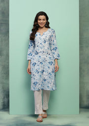 Dilkash Floral Mul-Mul Chikankari Kurti Blue