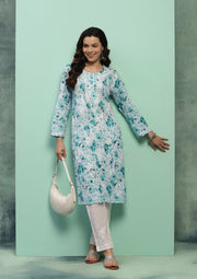 Dilkash Floral Mul-Mul Chikankari Kurti Sea-Green