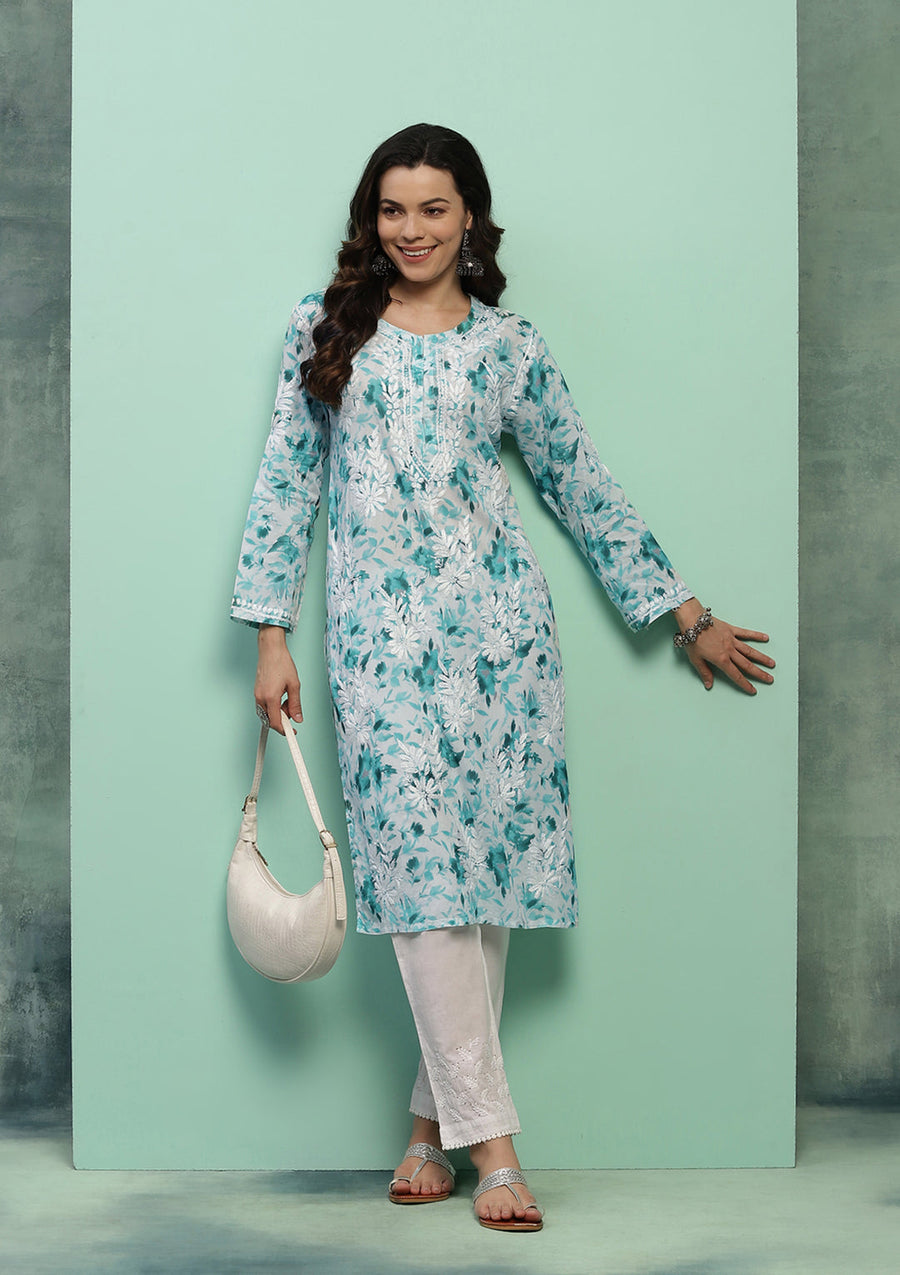 Dilkash Floral Mul-Mul Chikankari Kurti Sea-Green