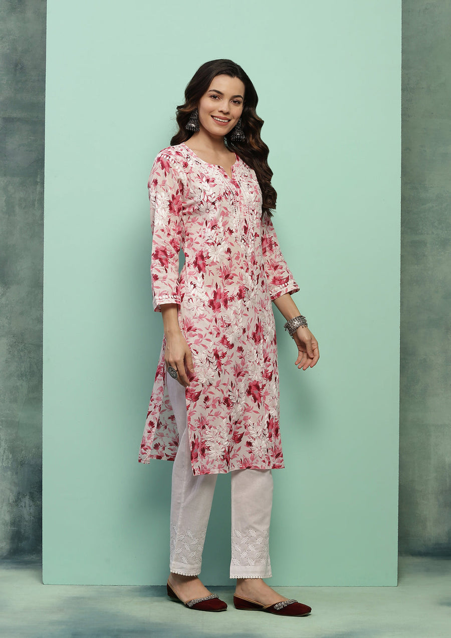 Dilkash Floral Mul-Mul Chikankari Kurti