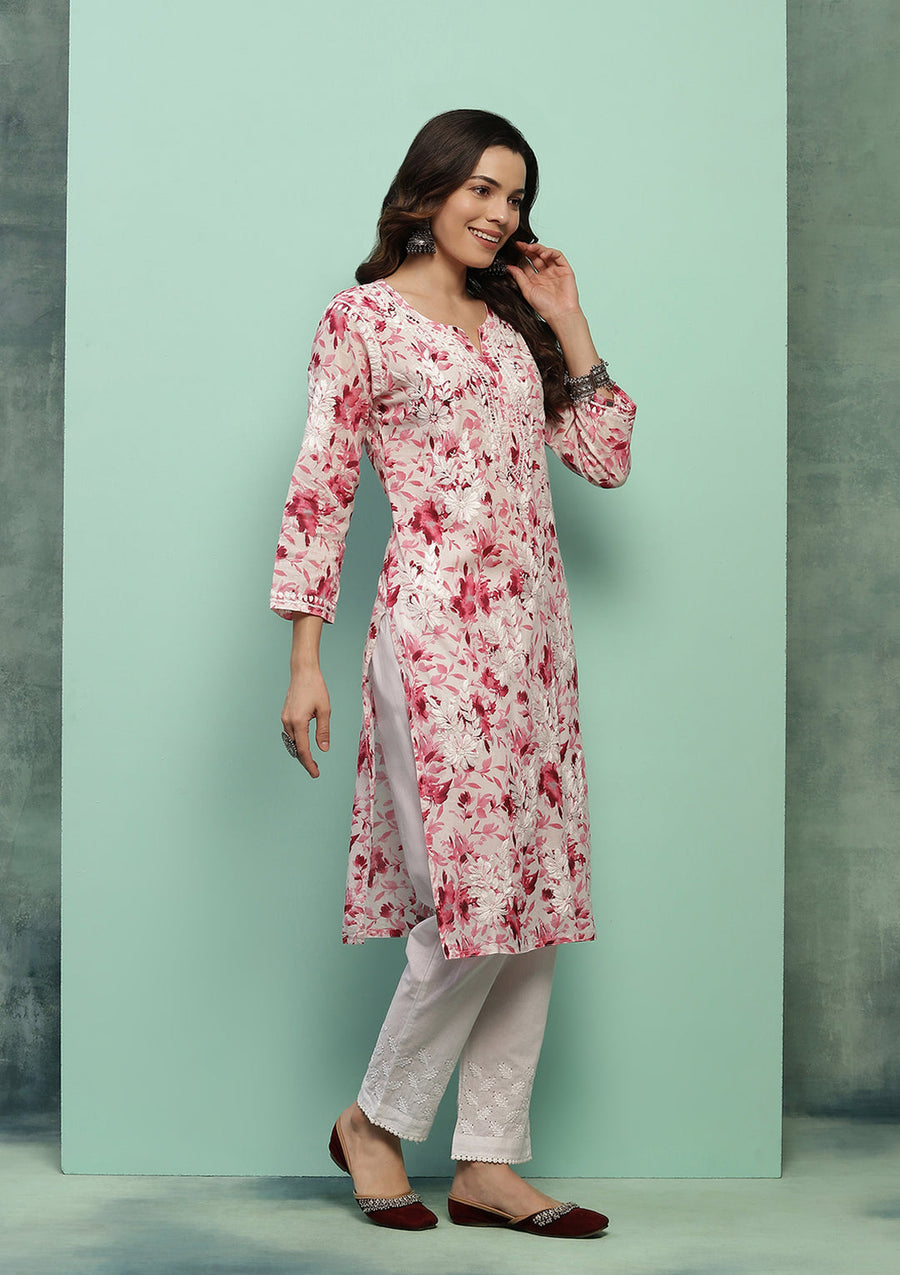 Dilkash Floral Mul-Mul Chikankari Kurti