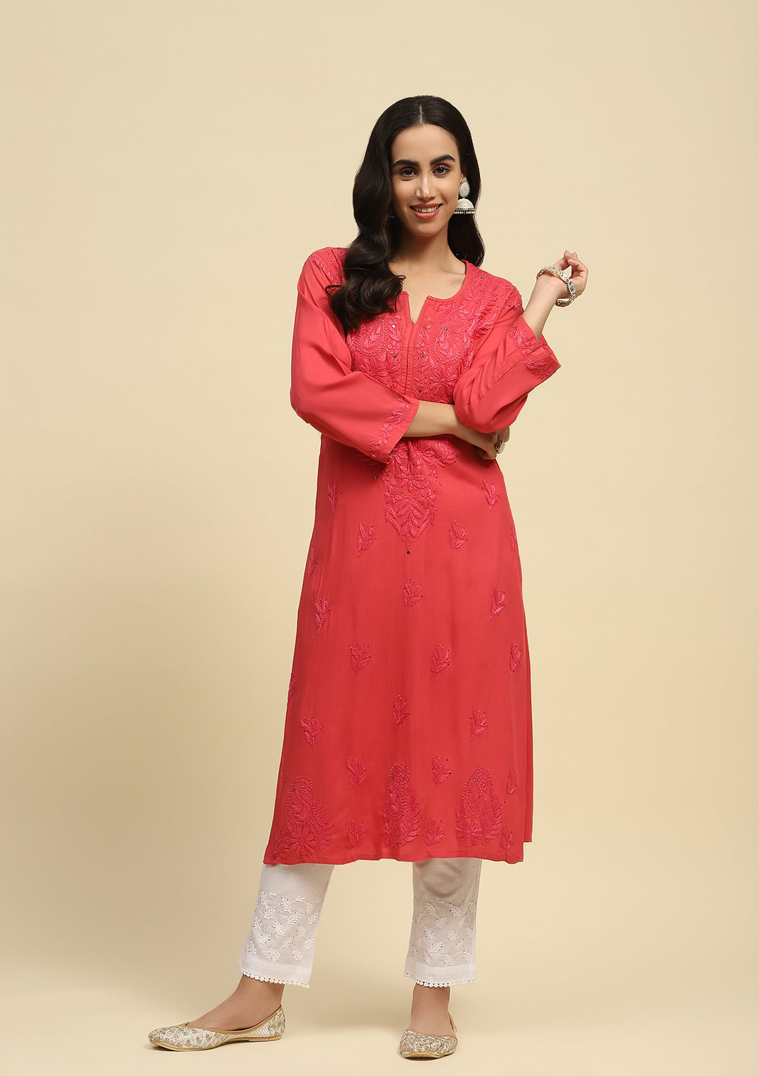 Ulfat Rayon Mukaish Chikankari Kurti Tomato-Red