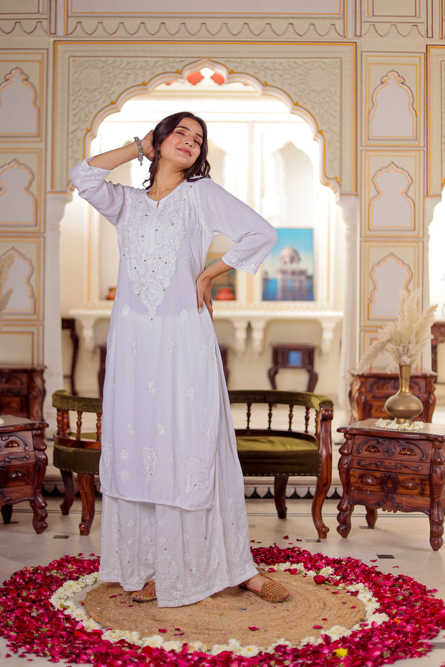 Ulfat Rayon Mukaish Chikankari Kurti & Pallazo Set