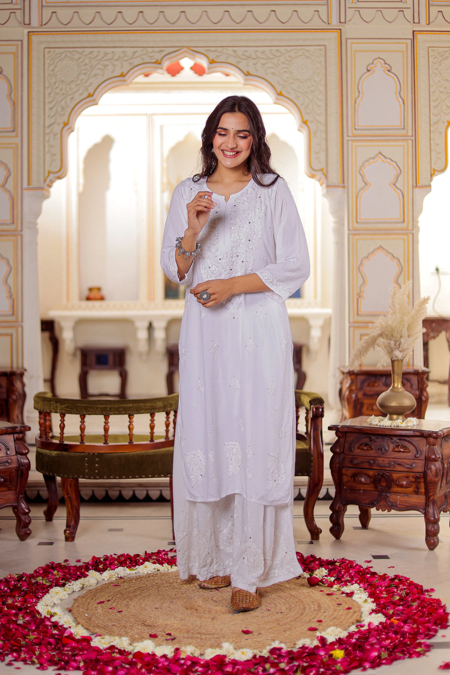 Ulfat Rayon Mukaish Chikankari Kurti & Pallazo Set