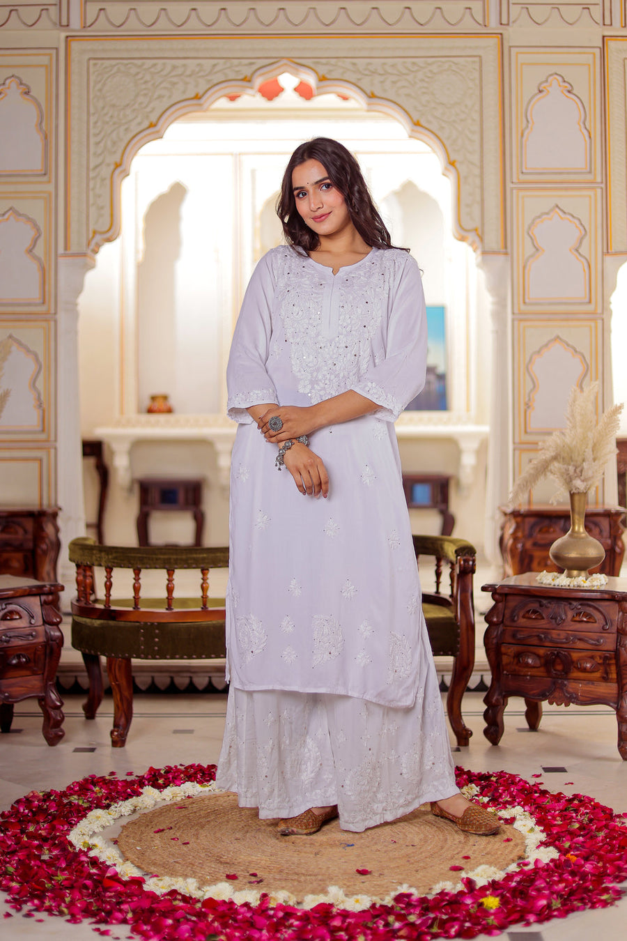 Ulfat Rayon Mukaish Chikankari Kurti & Pallazo Set