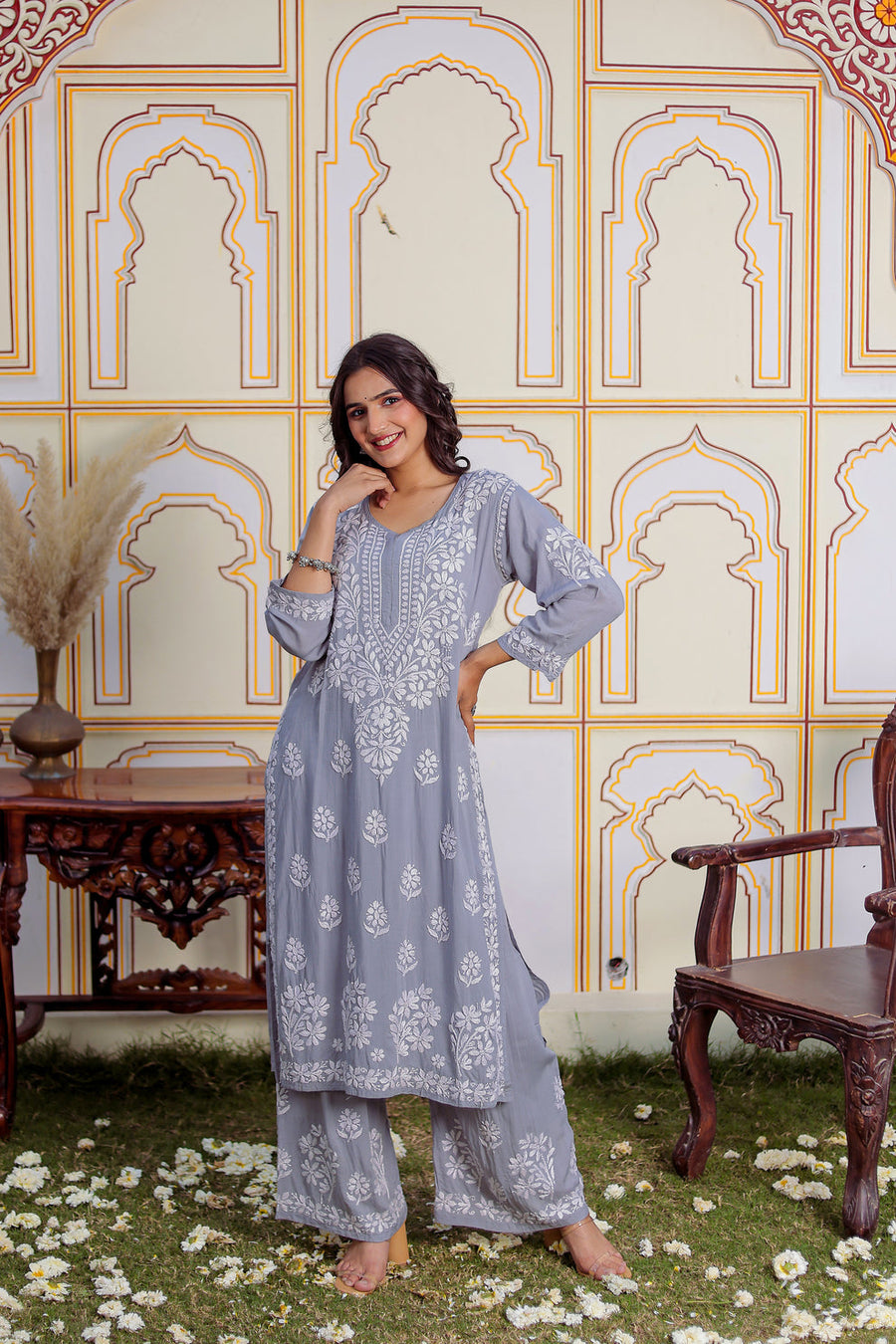 Saheli Modal Chikankari Kurti Sets Grey