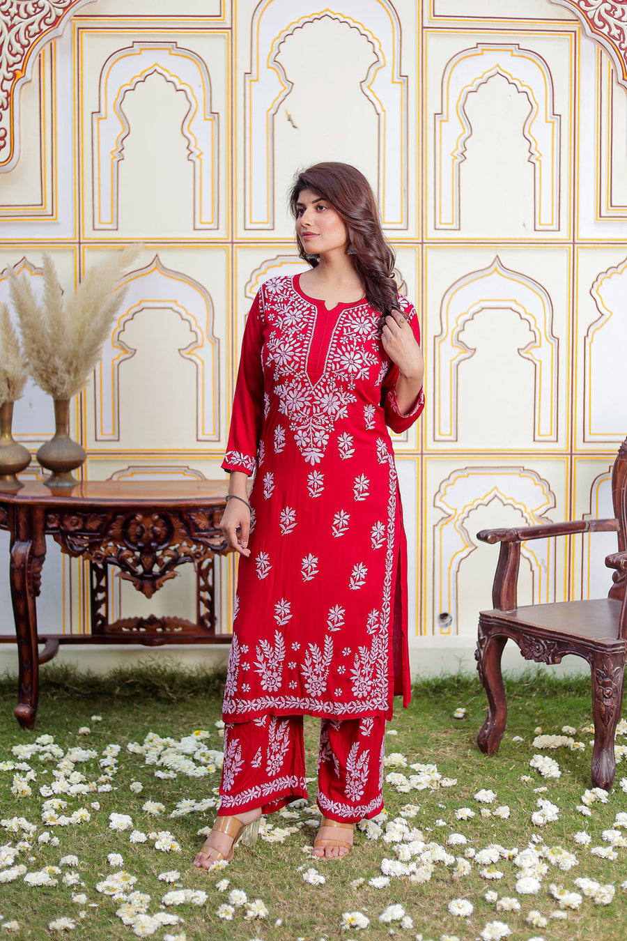 Saheli Modal Chikankari Kurti Sets Maroon