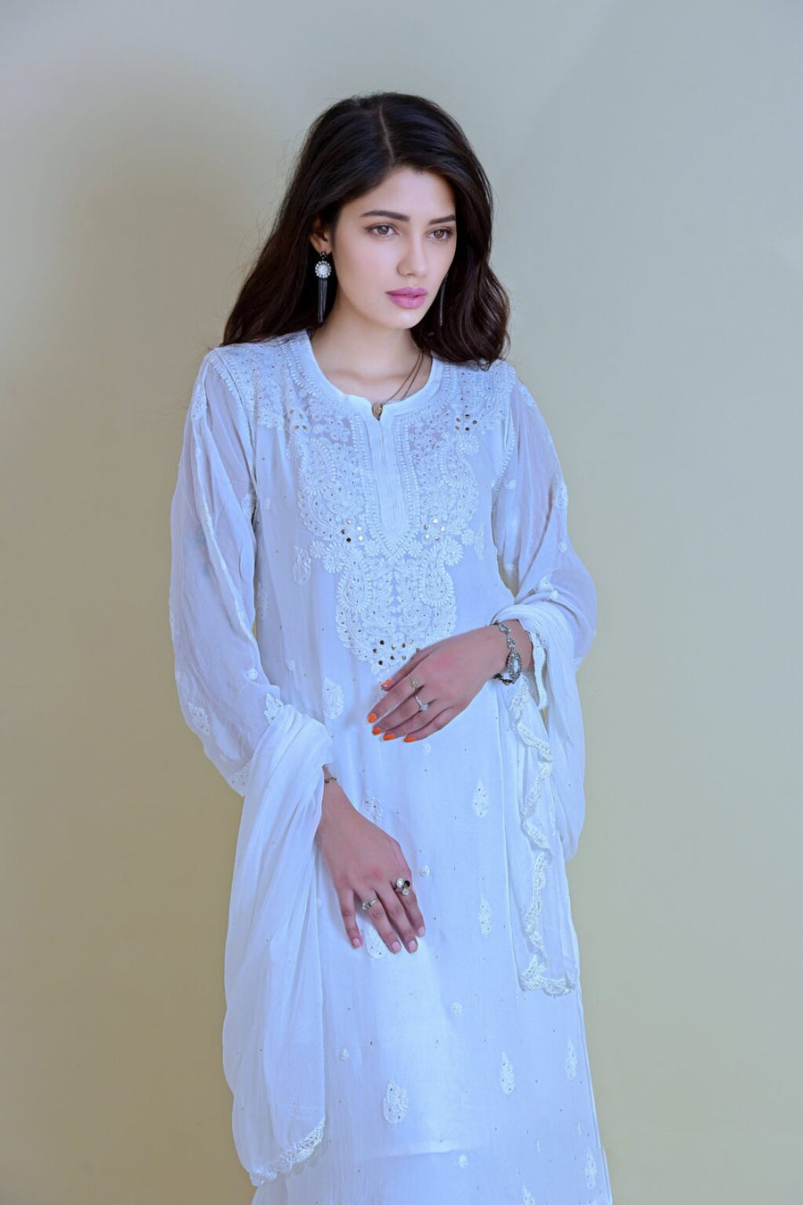 Surmai Viscose Mukaish Chikankari Kurti White