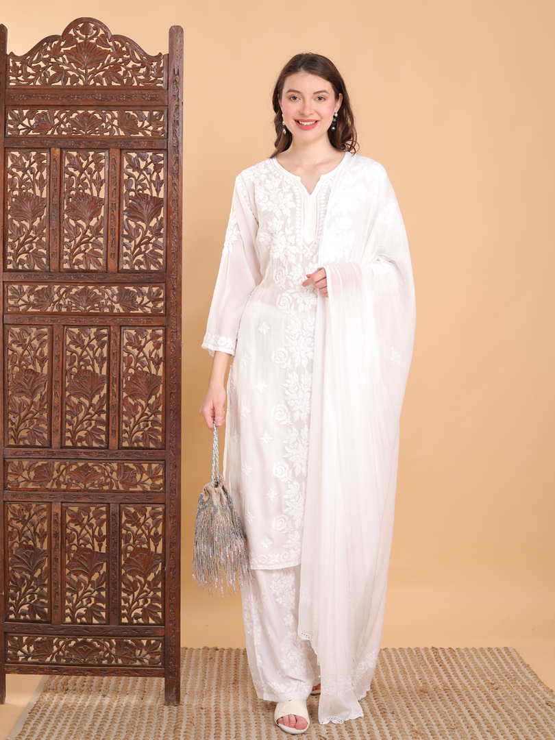 Mallika Muslin Dyed Kurti Set White