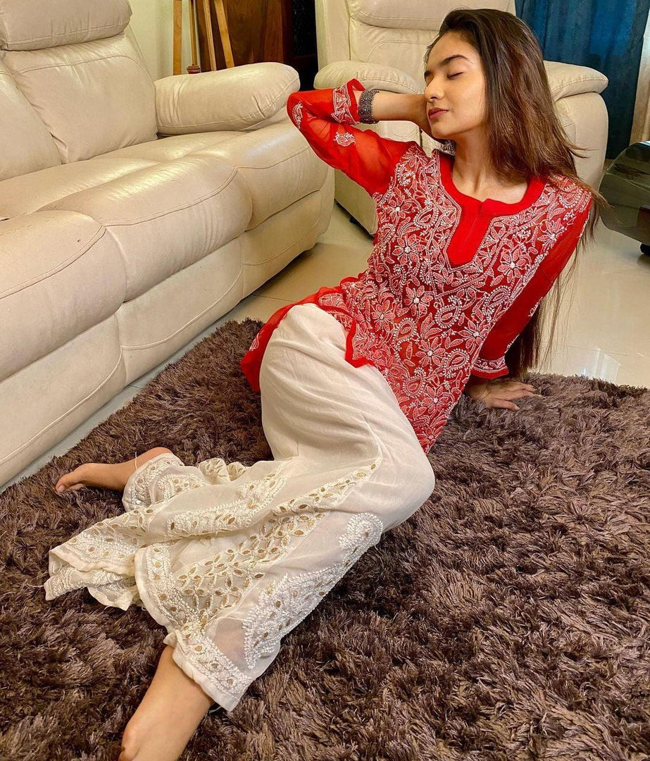 Anushka Styled Chikankari Short Top Red S Semi Georgette