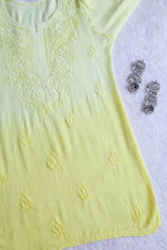 Load image into Gallery viewer, Vibha Ombre Chikankari Short Top Lemon Rayon Cotton
