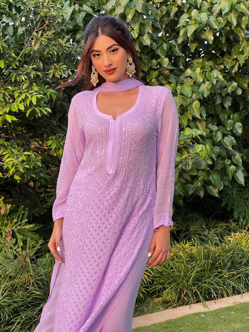 Mira Viscose Mukaish Long Chikankari Kurti Lavender