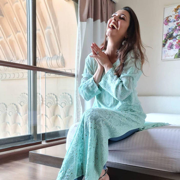 Mira Viscose Mukaish Long Chikankari Kurti Sky-Blue