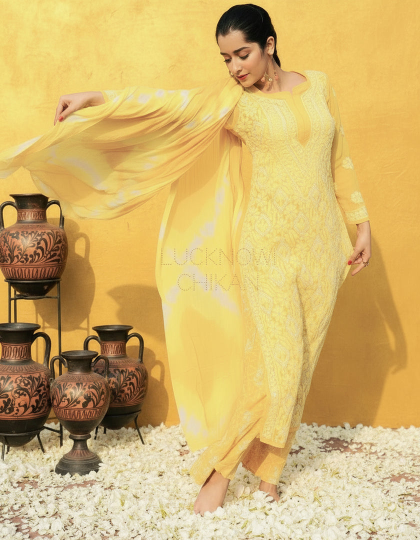 Zara Styled Georgette Chikankari Kurti With White Sharara