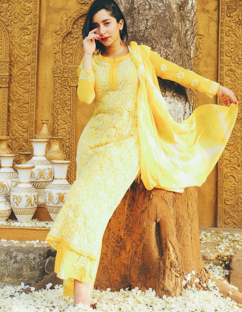 Zara Styled Georgette Chikankari Kurti With White Sharara